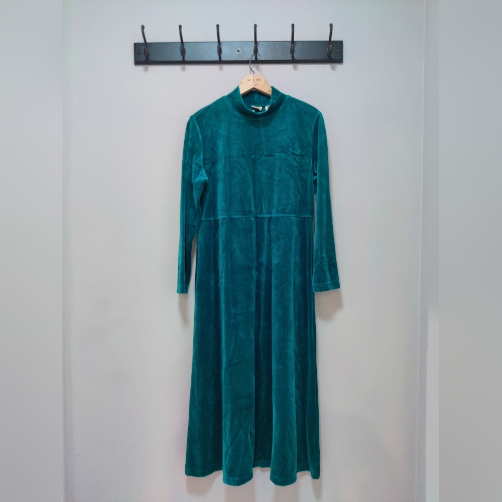 Vintage 00s L.L. Bean Velvet Long Sleeve Mock Neck Women Maxi Dress Teal M Pet